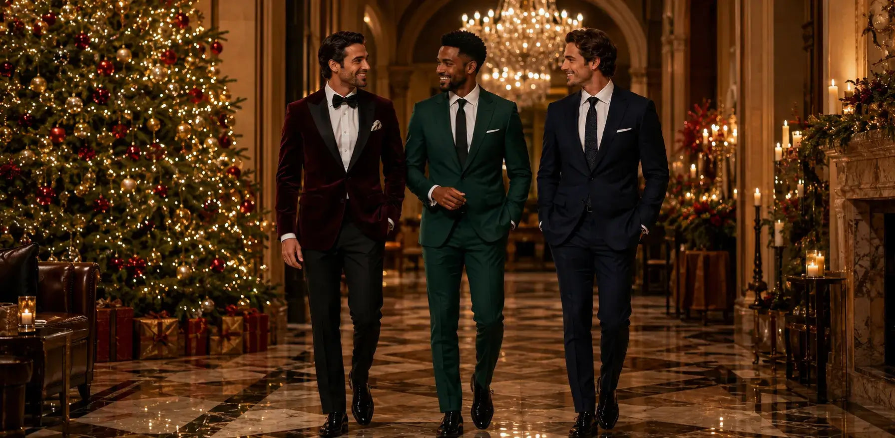 Men wearing burgundy, green, and navy Christmas suits at a holiday party.