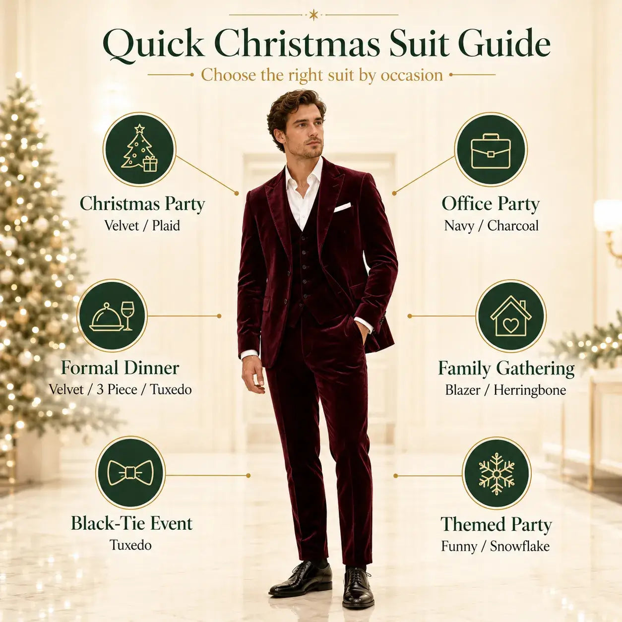 Quick Christmas suit guide for men showing what to wear to Christmas parties, office events, formal dinners, family gatherings, black-tie events, and themed parties.
