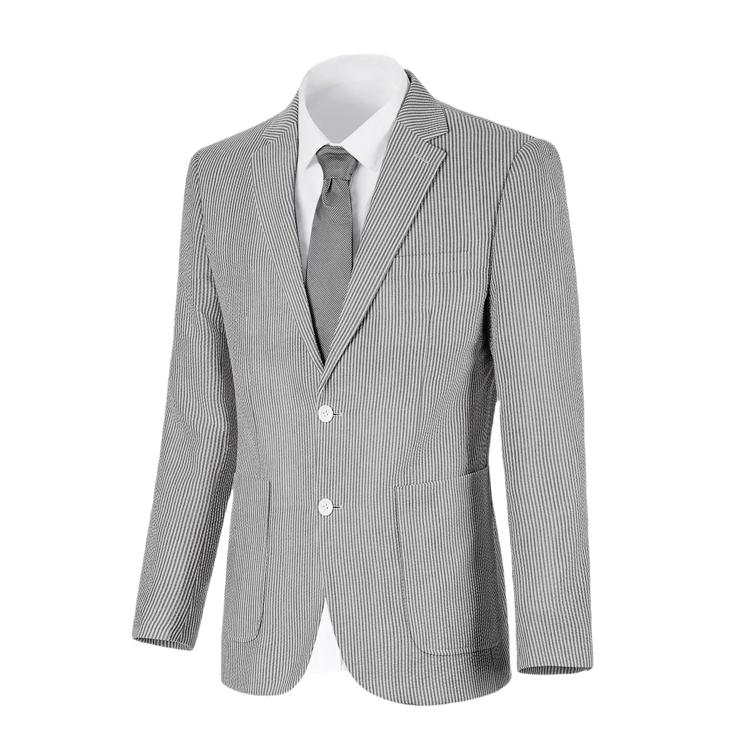 Classic black-and-white striped seersucker blazer with a notch lapel and front button design.