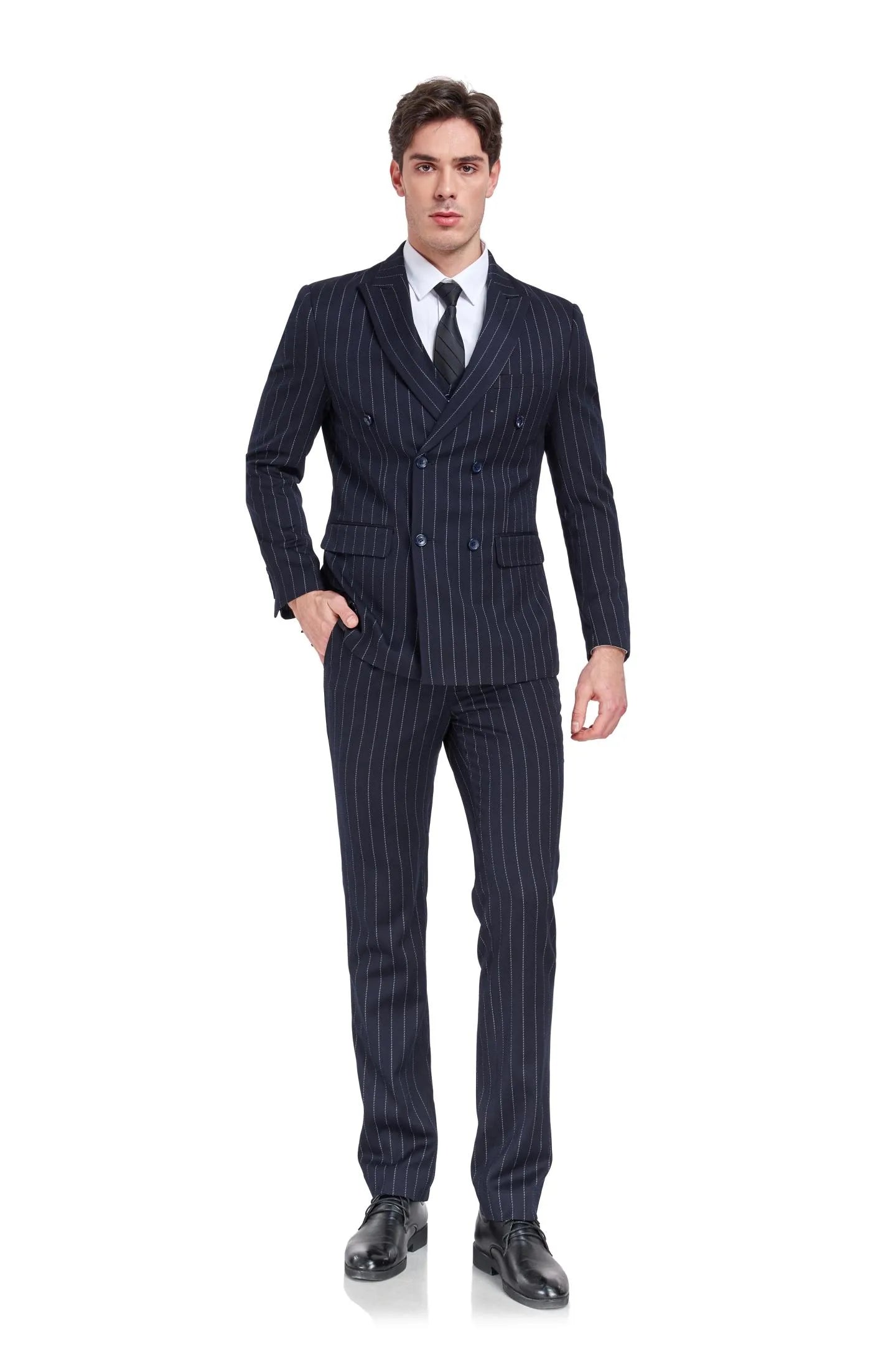 side view of classic navy bold striped suit with peak lapel design and vintage style