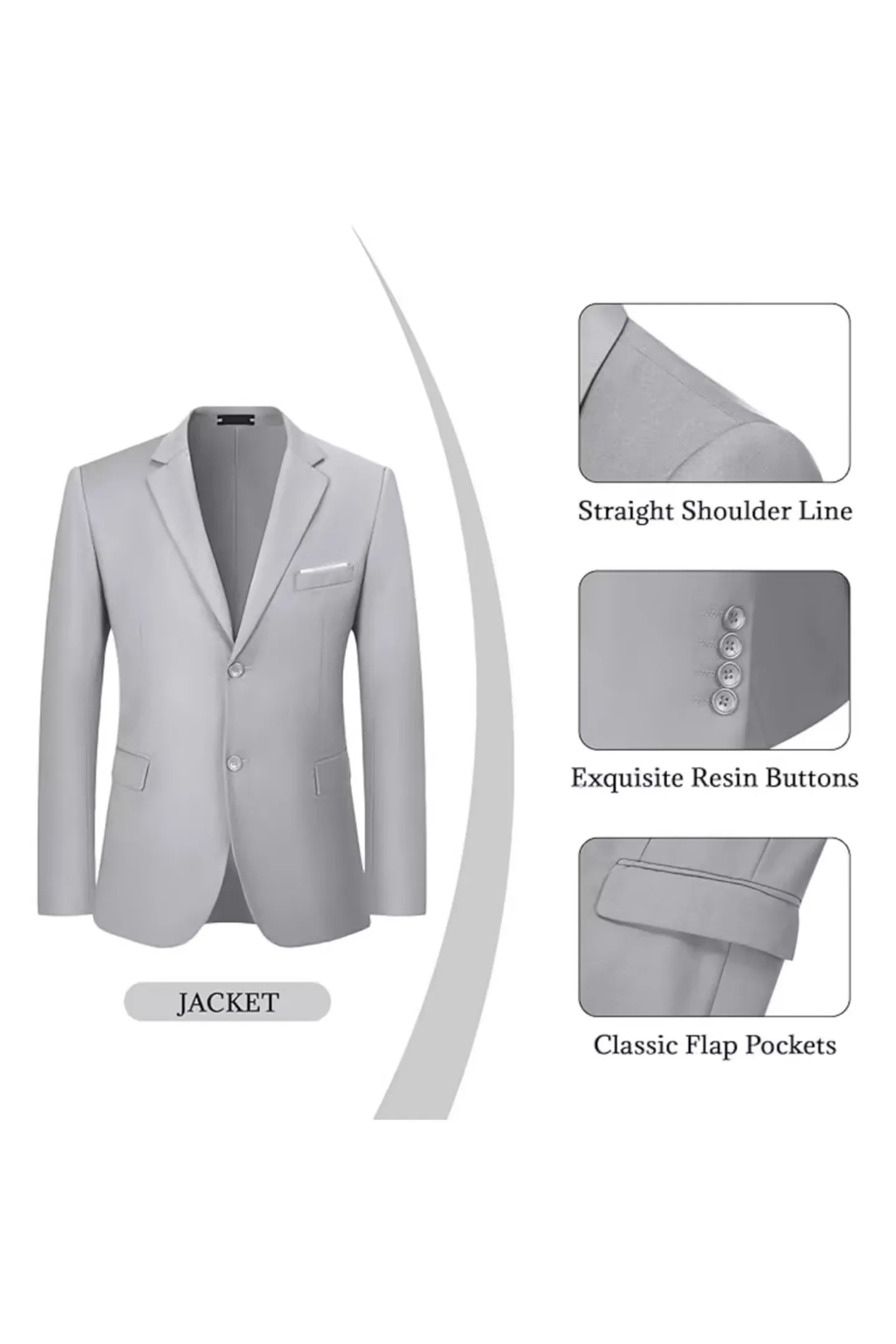 close-up of grey suit jacket, showcasing straight shoulder line and resin buttons, highlighting modern tailoring details for a sleek look.