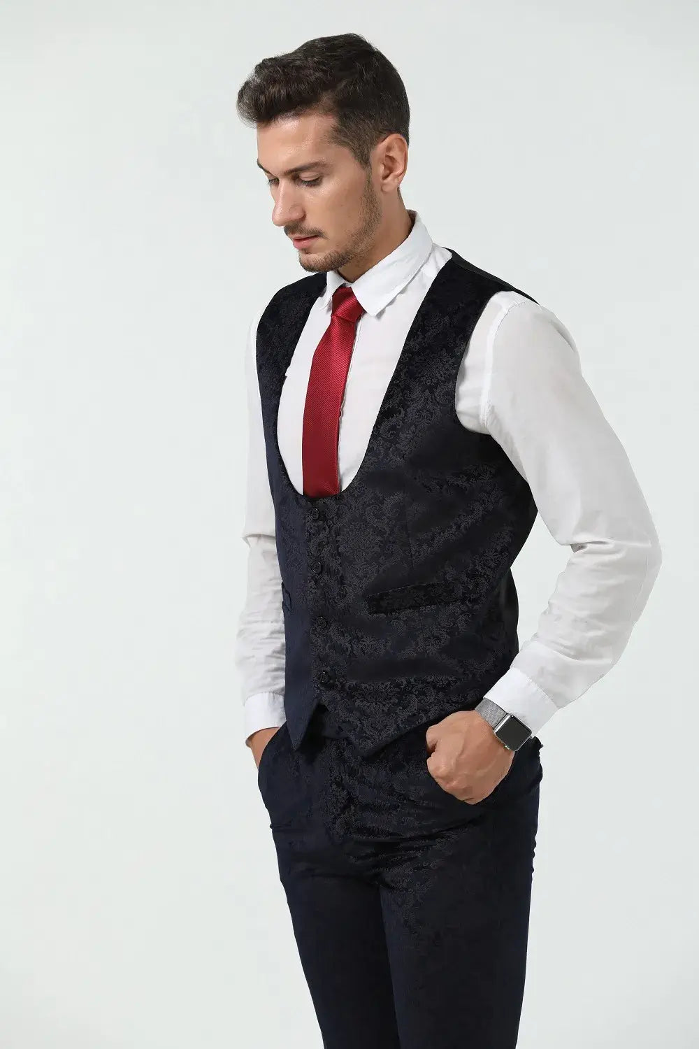 Close-up of men's navy rose floral vest and pants from prom suit – modern refined formalwear