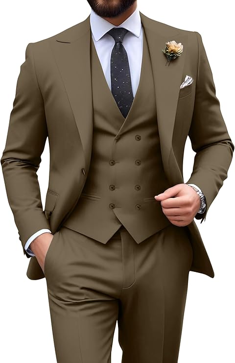 Men’s coffee tuxedo set with tailored fit blazer, formal vest, and dress pants – ideal for casual weddings or prom