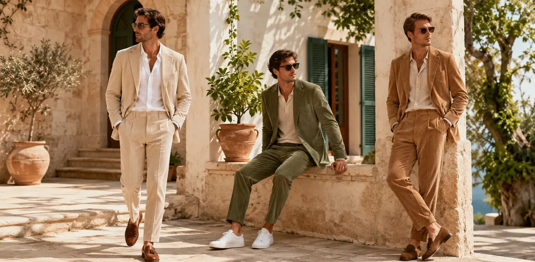 Men wearing beige, olive green, and brown corduroy suits for a spring and summer style guide.