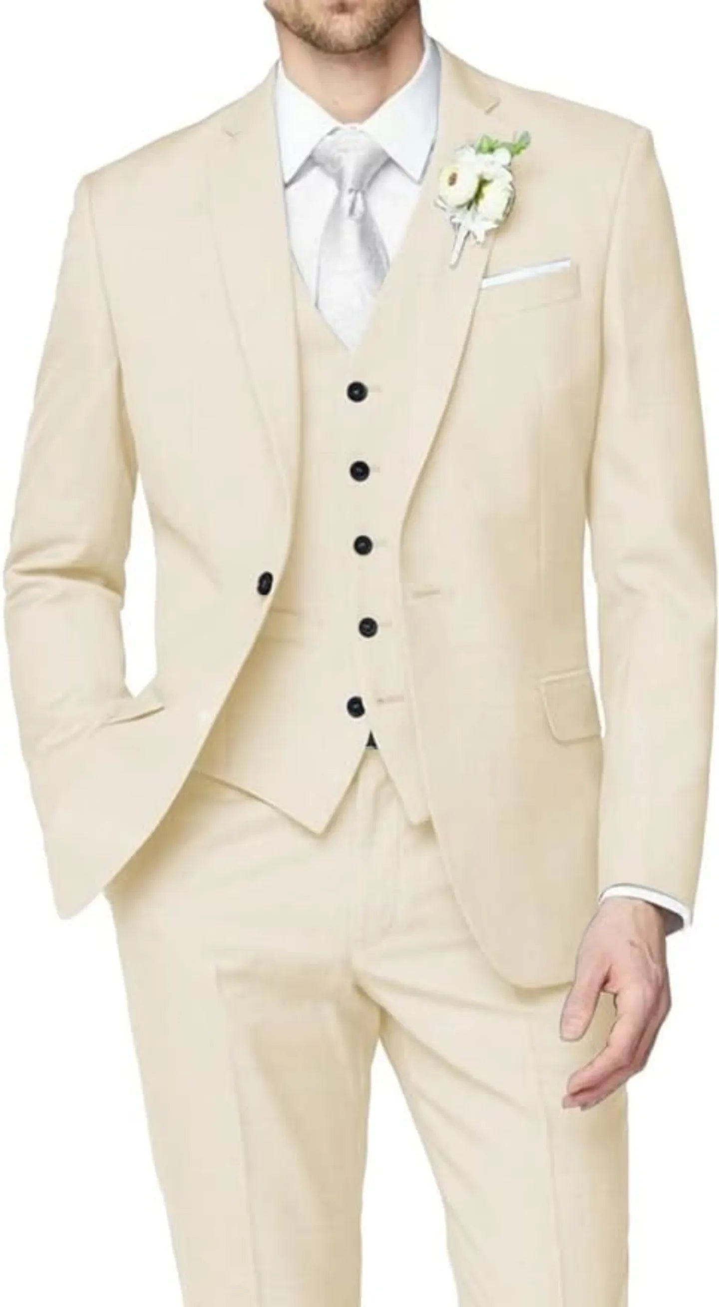 front view of cream wedding groomsmen 3 piece men's suit with tailored blazer, buttoned vest, and slim trousers styled with white shirt and tie