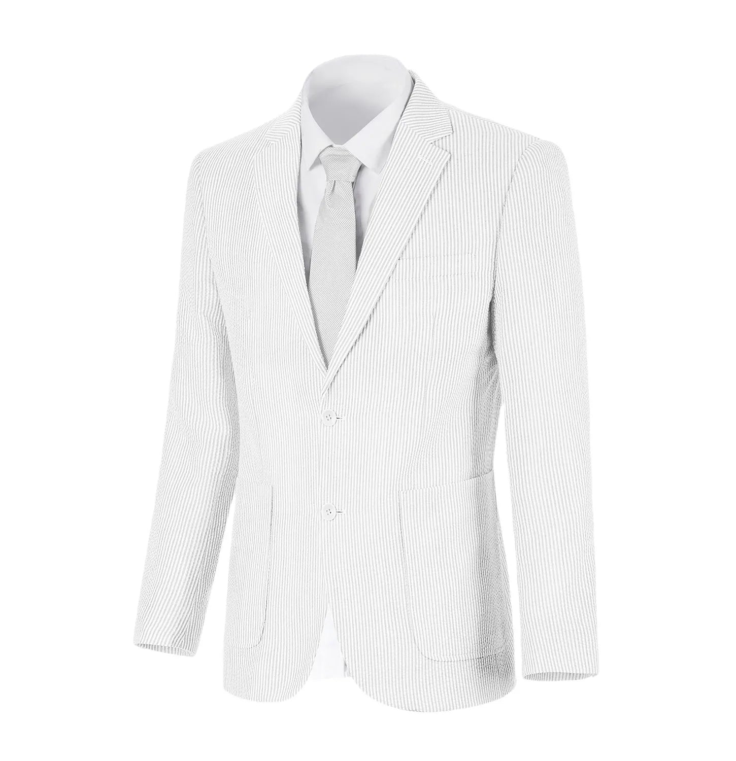 Crisp full white summer blazer in lightweight seersucker weave, offering a fresh and clean look.