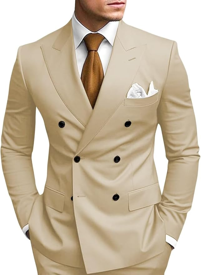 Stylish Khaki peak lapel 2 piece suit for men – slim fit formal look with white shirt and tie