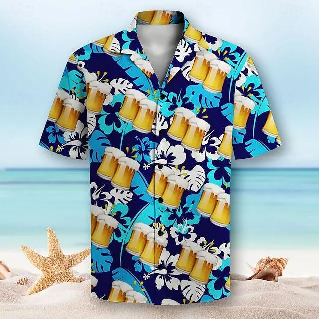 Hawaiian-style blue shirt with floral and beer pattern – beach-ready casual men’s shirt
