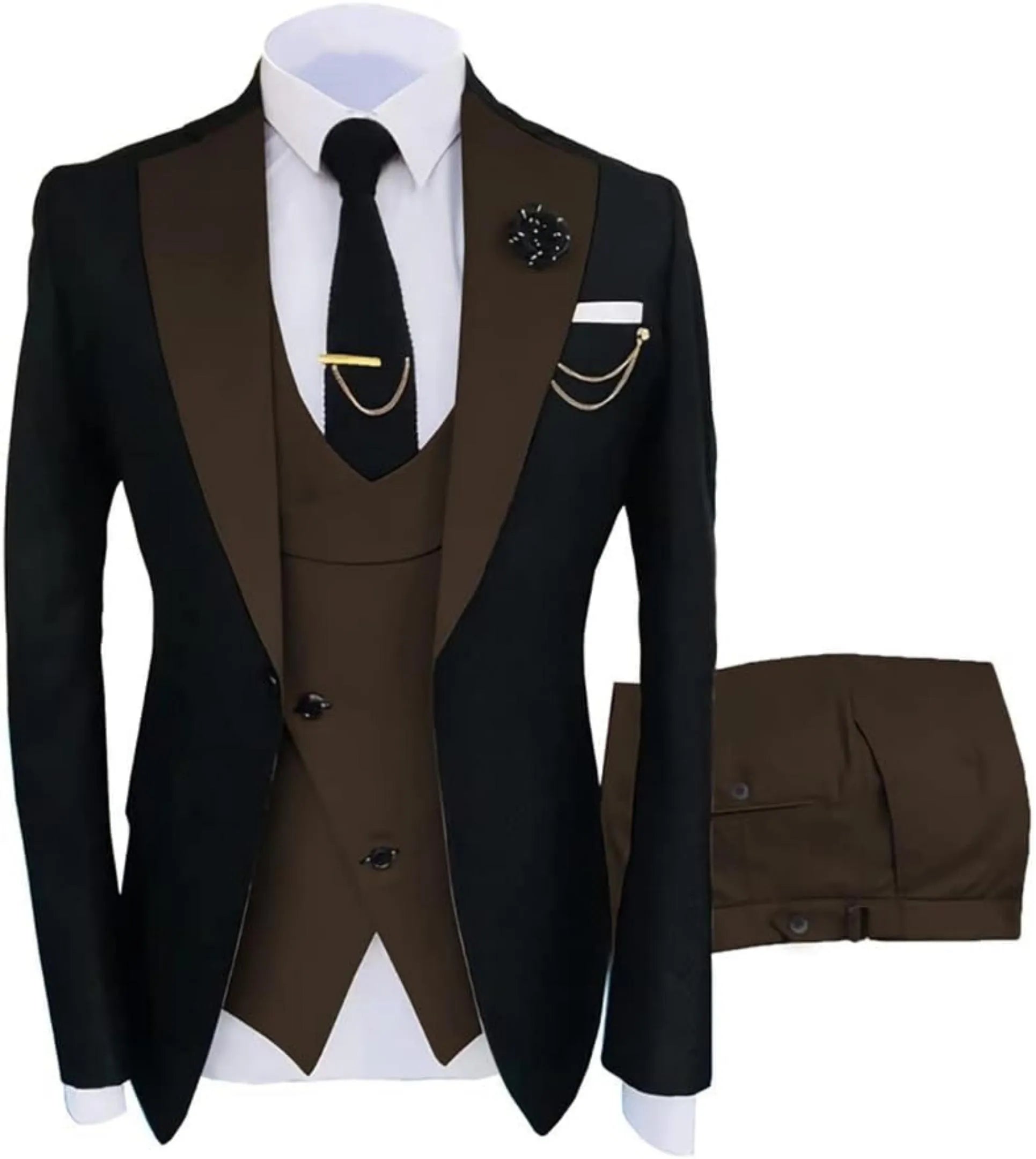 dark brown and black 3 piece men's suit: black blazer with dark brown satin lapel, cross brown vest, gold chain, lapel pin and white pocket square