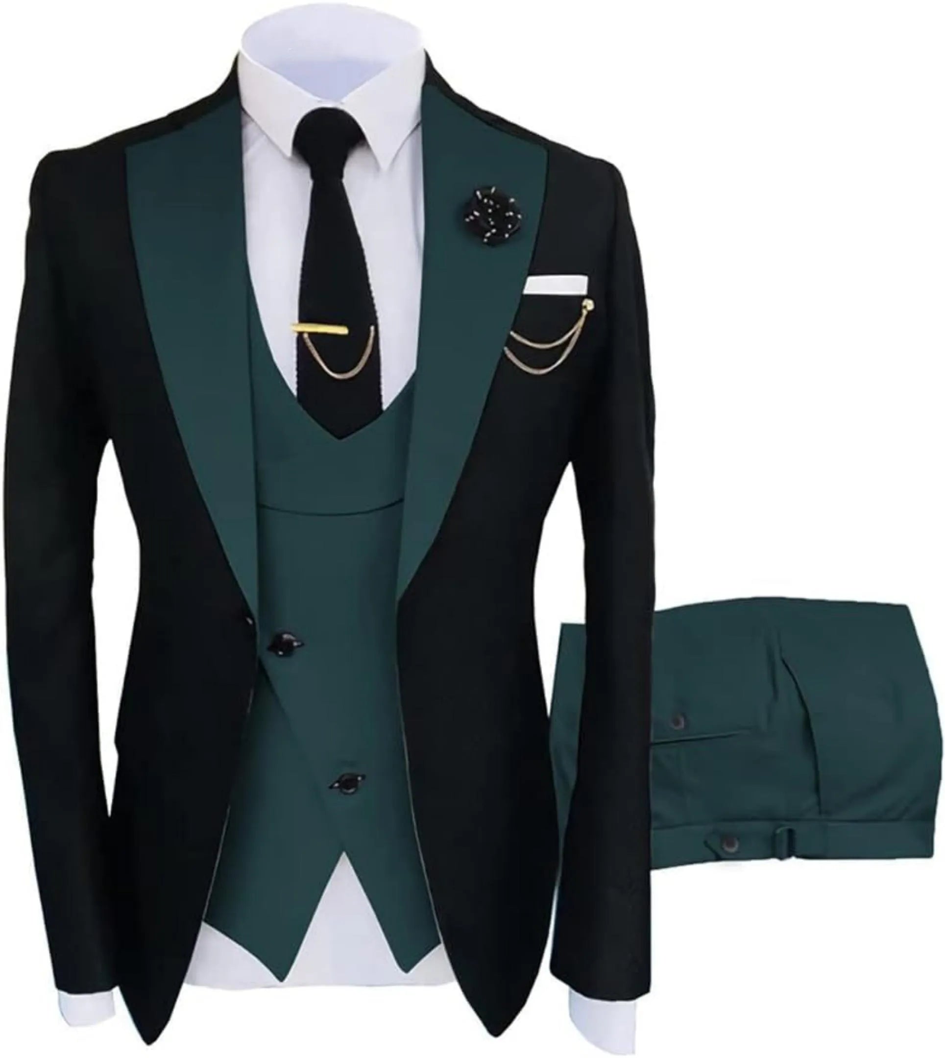 fashion slim fit wedding prom suit: dark green & black contrast 3-piece set, green trousers, gold tie clip, formal occasion wear with accessories
