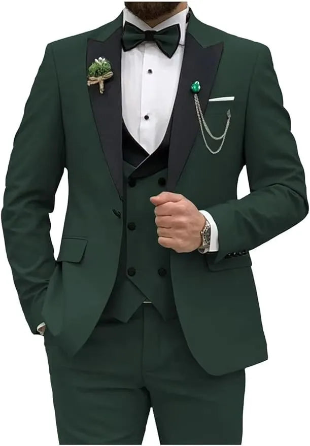 dark green double breasted 3 piece suit with black lapel – front view