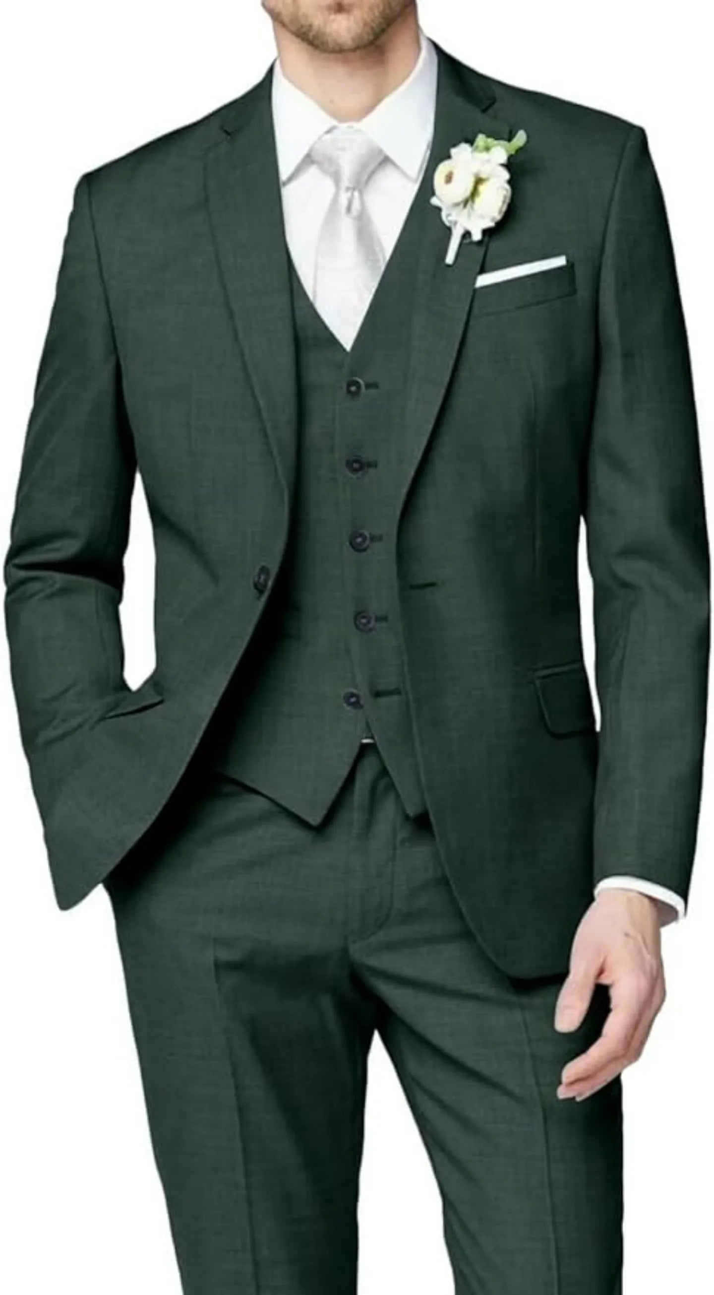 front view of dark green wedding groomsmen 3 piece men's suit with tailored blazer, buttoned vest, slim trousers, white shirt, and silver tie with boutonniere
