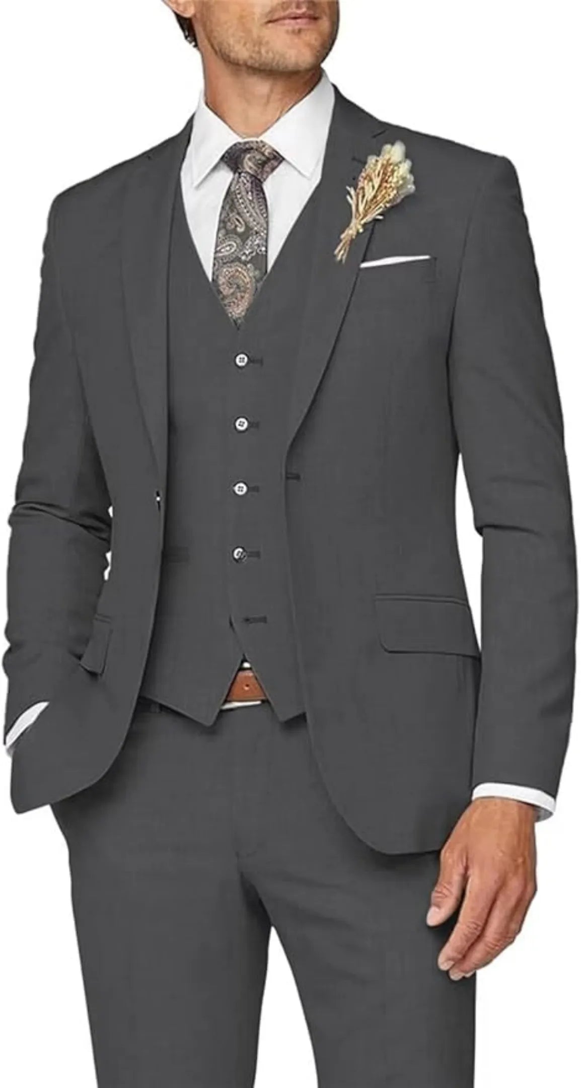 dark grey 3 piece suit for men: formal wedding prom outfit with slim blazer, vest, trousers & lapel flower
