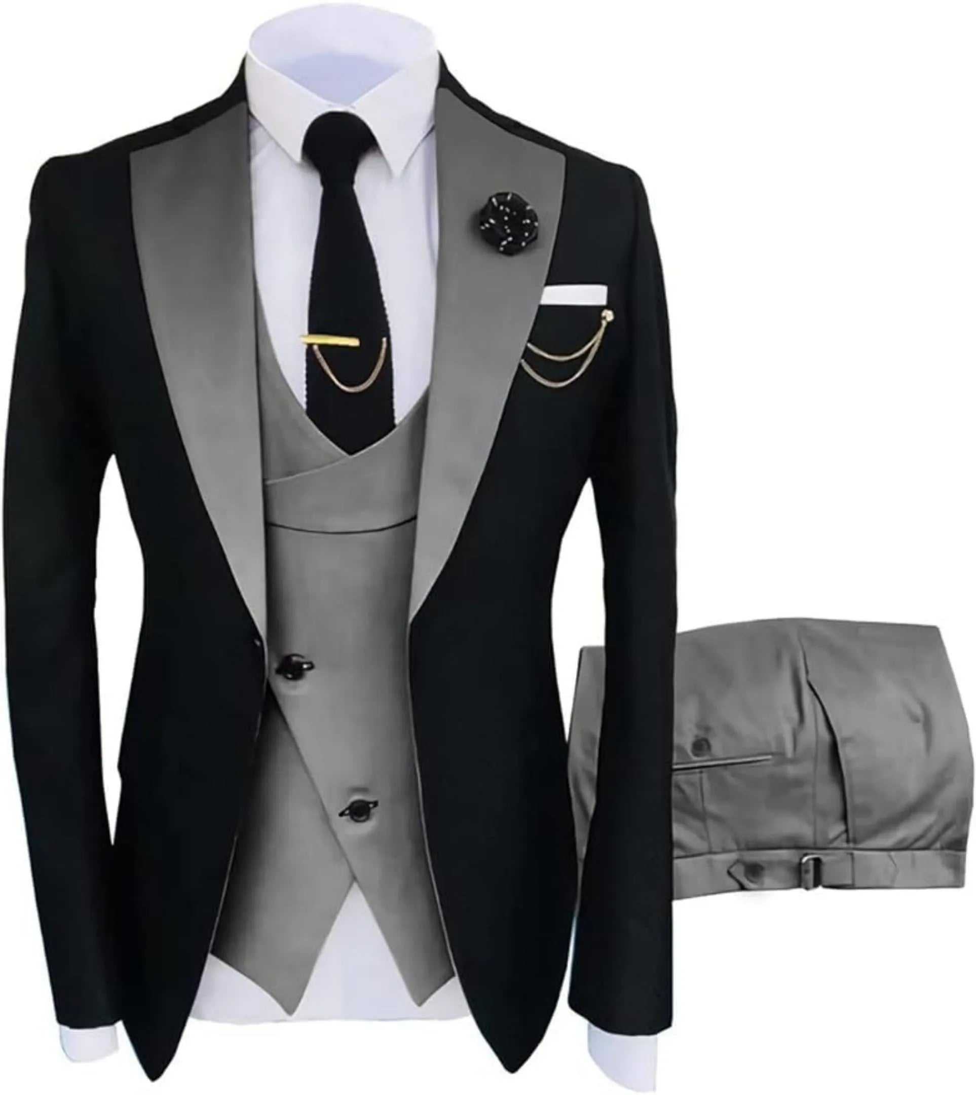 fashion slim fit wedding prom suit: dark grey & black contrast 3-piece set, grey trousers, gold tie clip, formal occasion wear with accessories