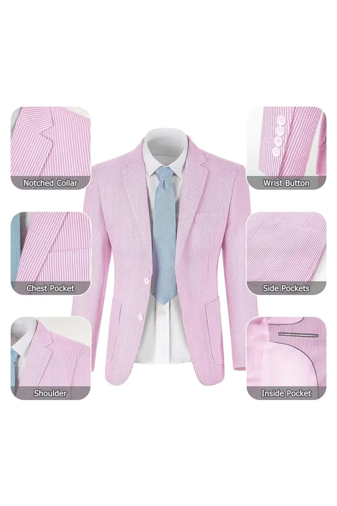 Dark pink-and-white seersucker blazer highlighting its pockets, lapels, and fabric texture.