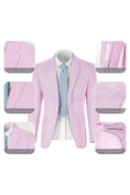 Load image into Gallery viewer, Dark pink-and-white seersucker blazer highlighting its pockets, lapels, and fabric texture.