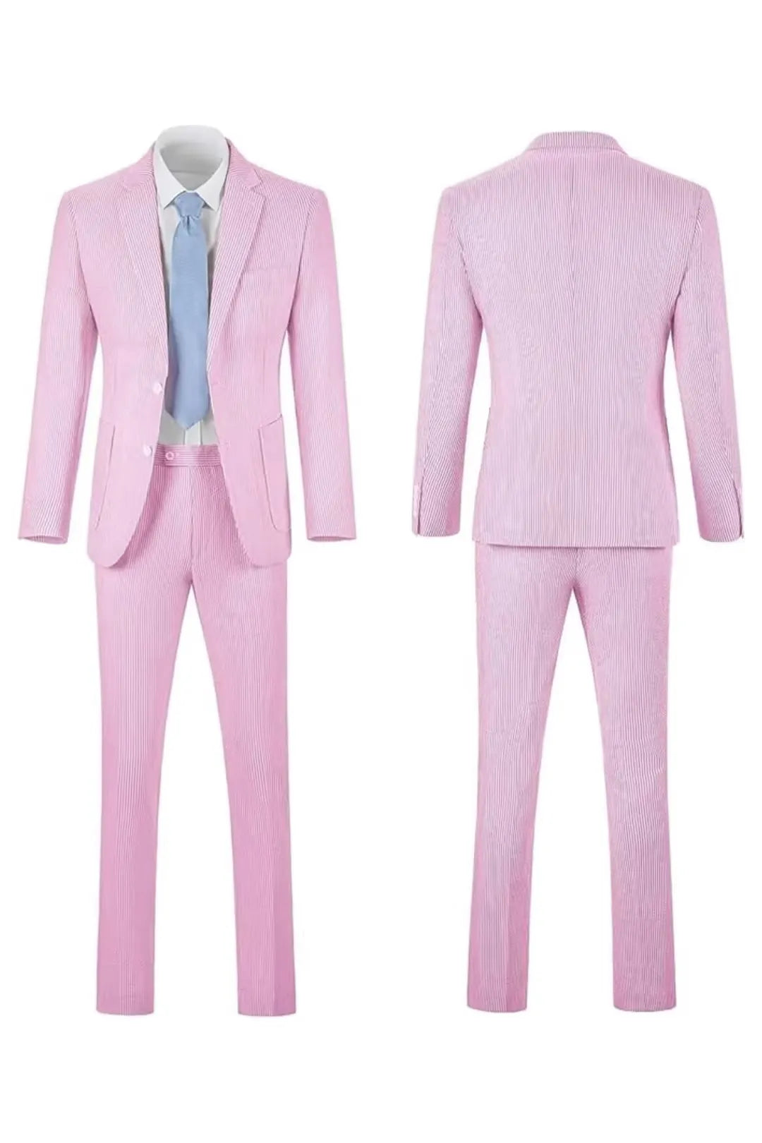 Full front and back view of a men's dark pink-and-white striped seersucker blazer set.