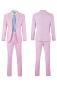 Load image into Gallery viewer, Full front and back view of a men's dark pink-and-white striped seersucker blazer set.