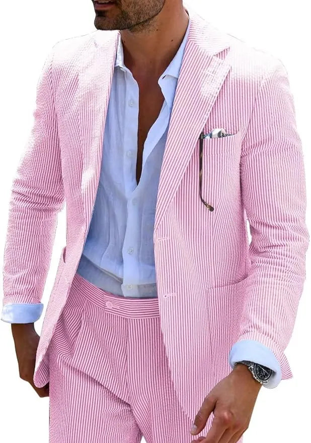 Dark pink-and-white striped seersucker blazer styled with a summer shirt for a bold look.
