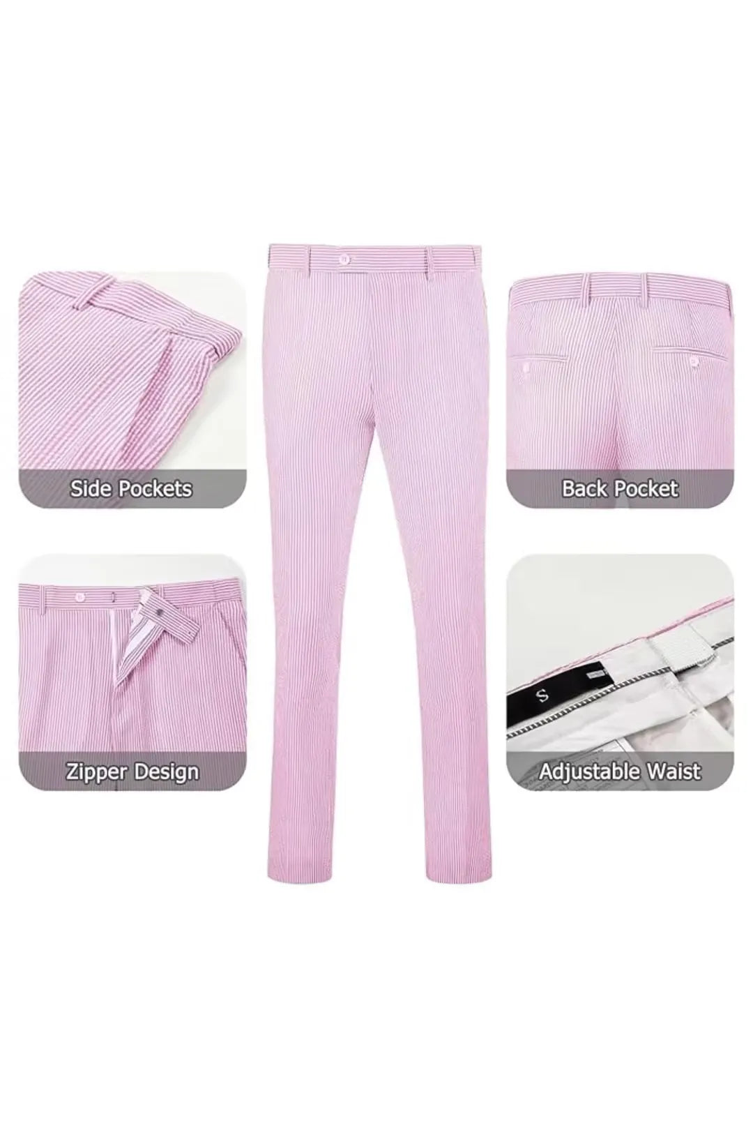 Dark pink-and-white striped seersucker pants with adjustable waist and zipper for a comfortable fit.