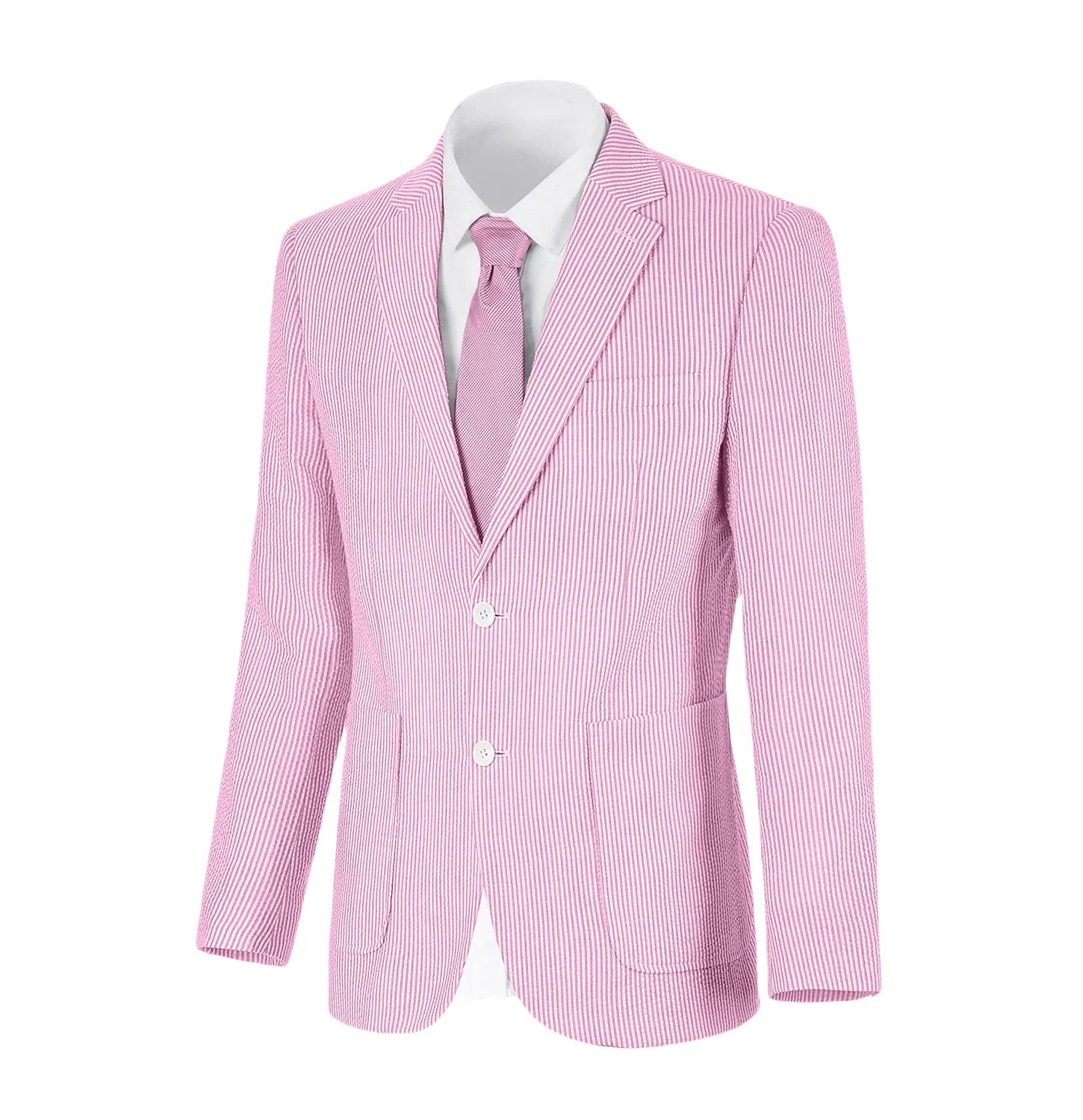 Dark pink-and-white striped seersucker blazer with a warm, seasonal color vibe for summer styling.