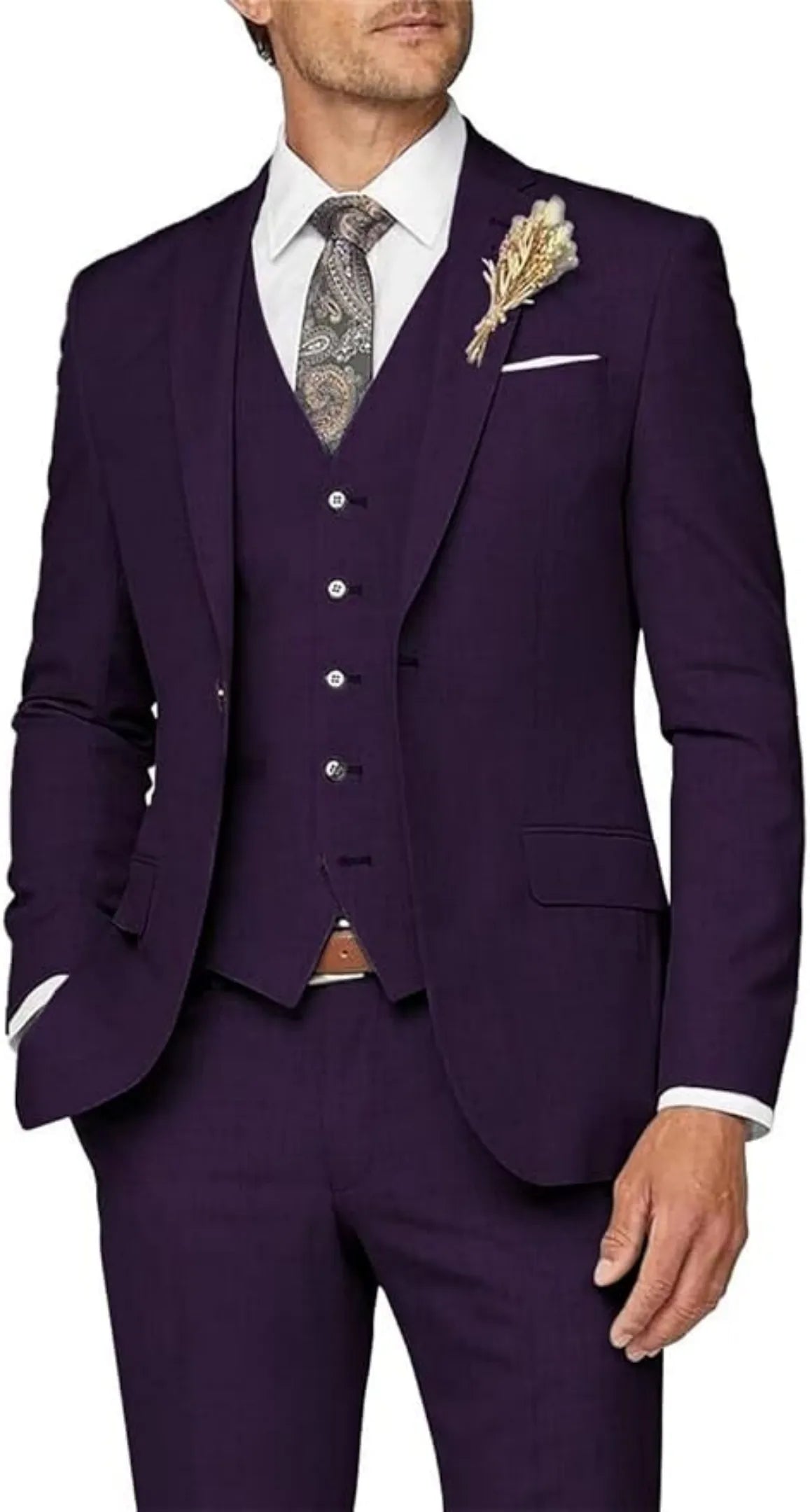 dark purple 3 piece suit for men: formal wedding prom outfit with slim blazer, vest, trousers & lapel flower