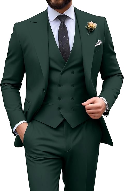 dark Green slim fit 3 piece groom suit with peak lapel blazer, double breasted vest and pants for modern wedding style