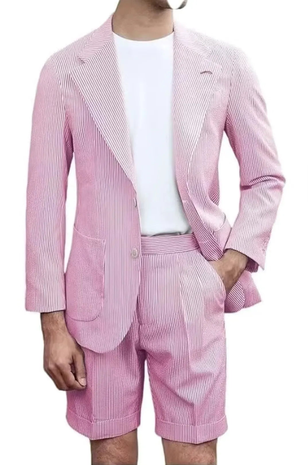 dark pink striped seersucker shorts suit for men – lightweight summer blazer with shorts