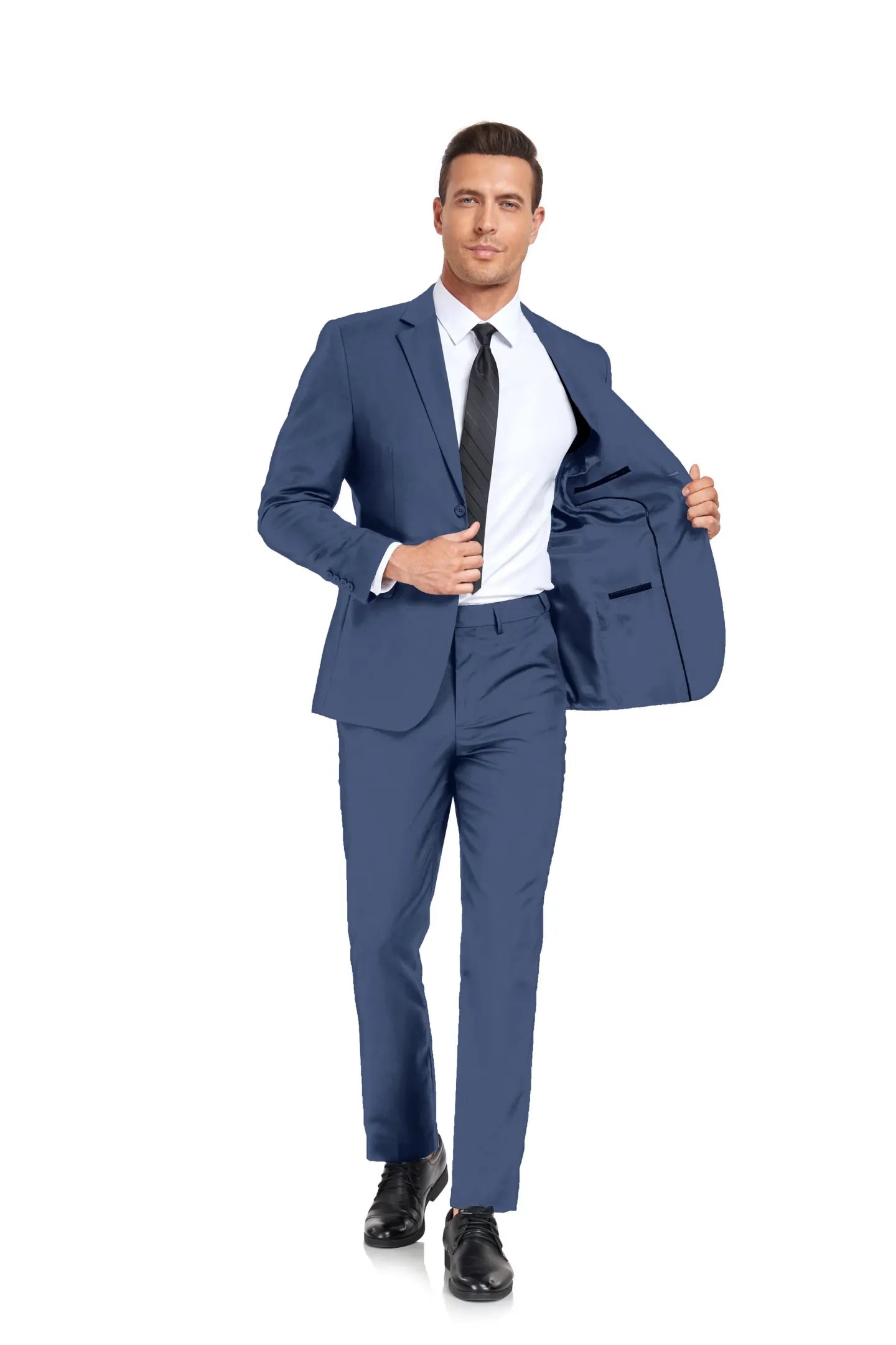 man in denim blue formal suit showcasing interior pockets and sleek modern two-piece design, accessorized with a black tie for added sophistication.