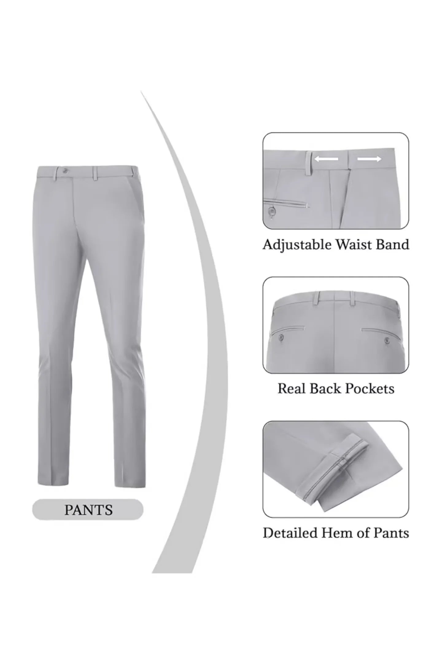 detailed view of grey suit pants with adjustable waist and back pockets, offering a tailored fit that is ideal for office wear or formal events.