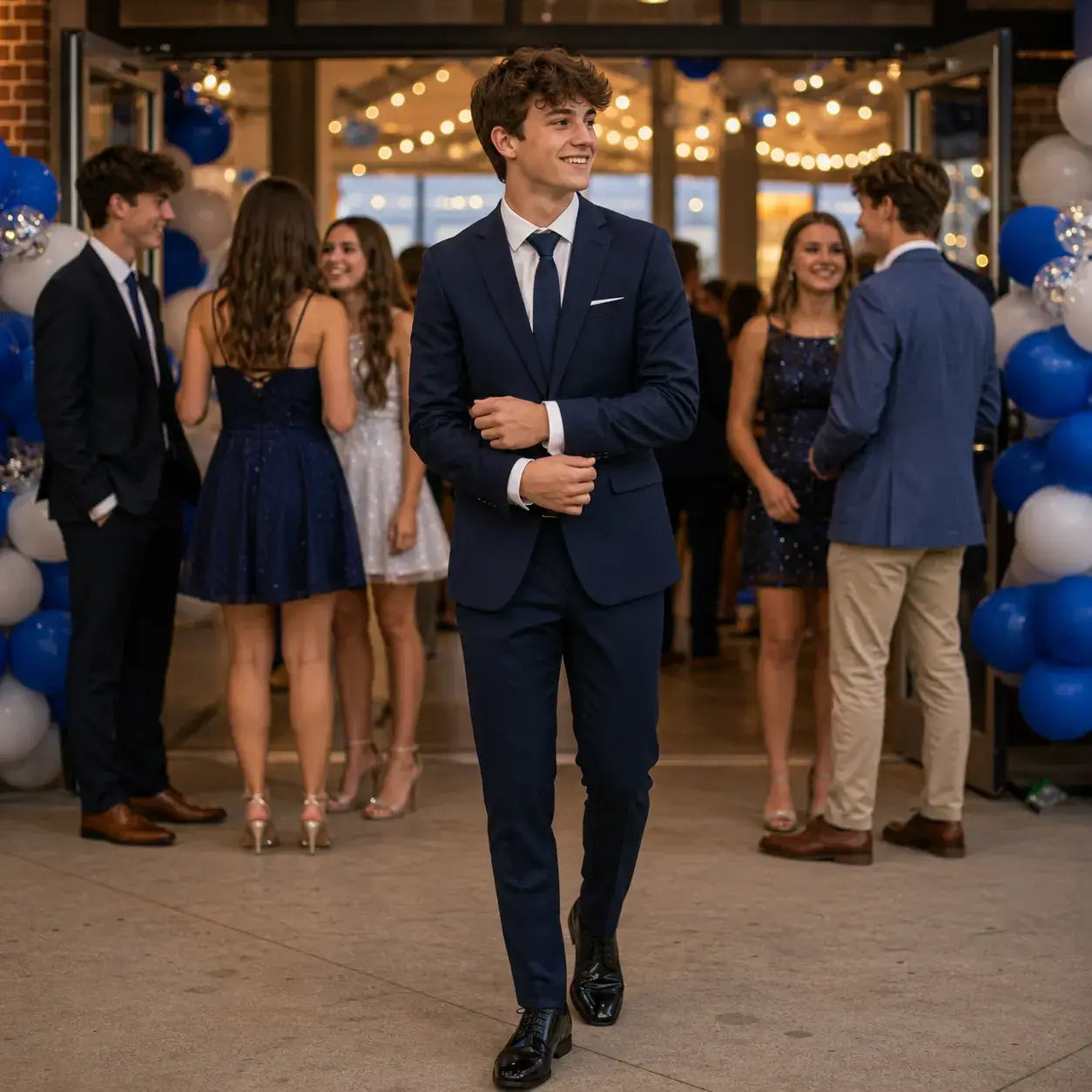 Young man wearing a navy suit at a Homecoming dance entrance with students in semi-formal attire.