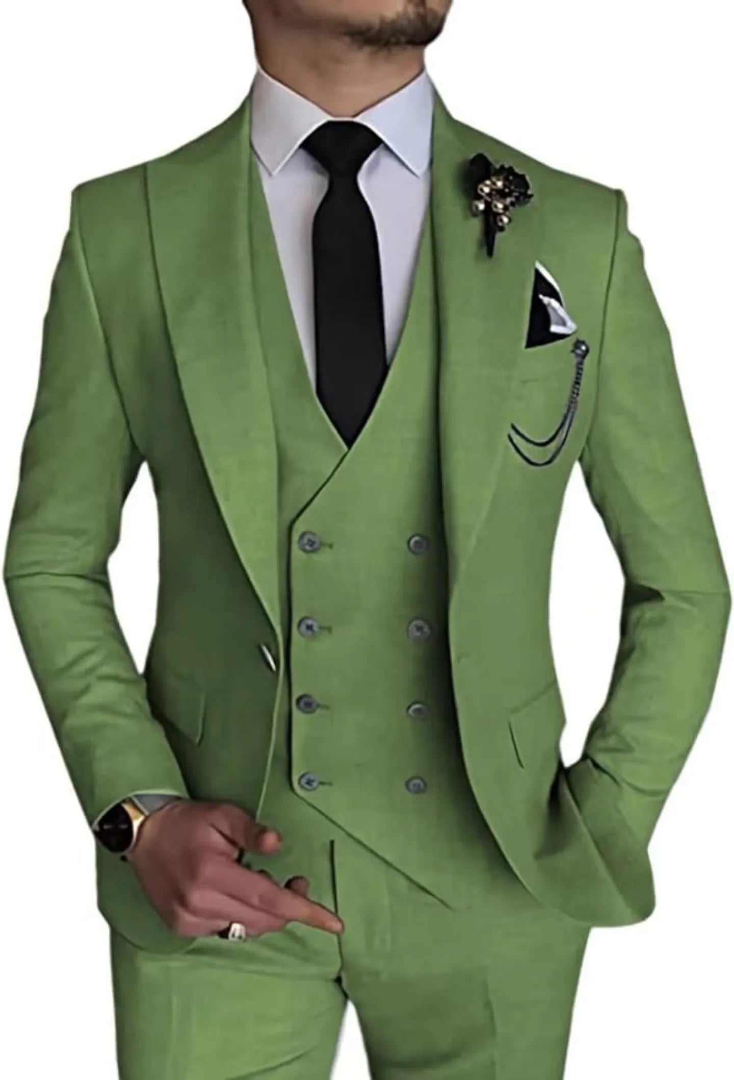 dusty sage green 3 piece men's suit with double-breasted vest – formal wedding and prom attire