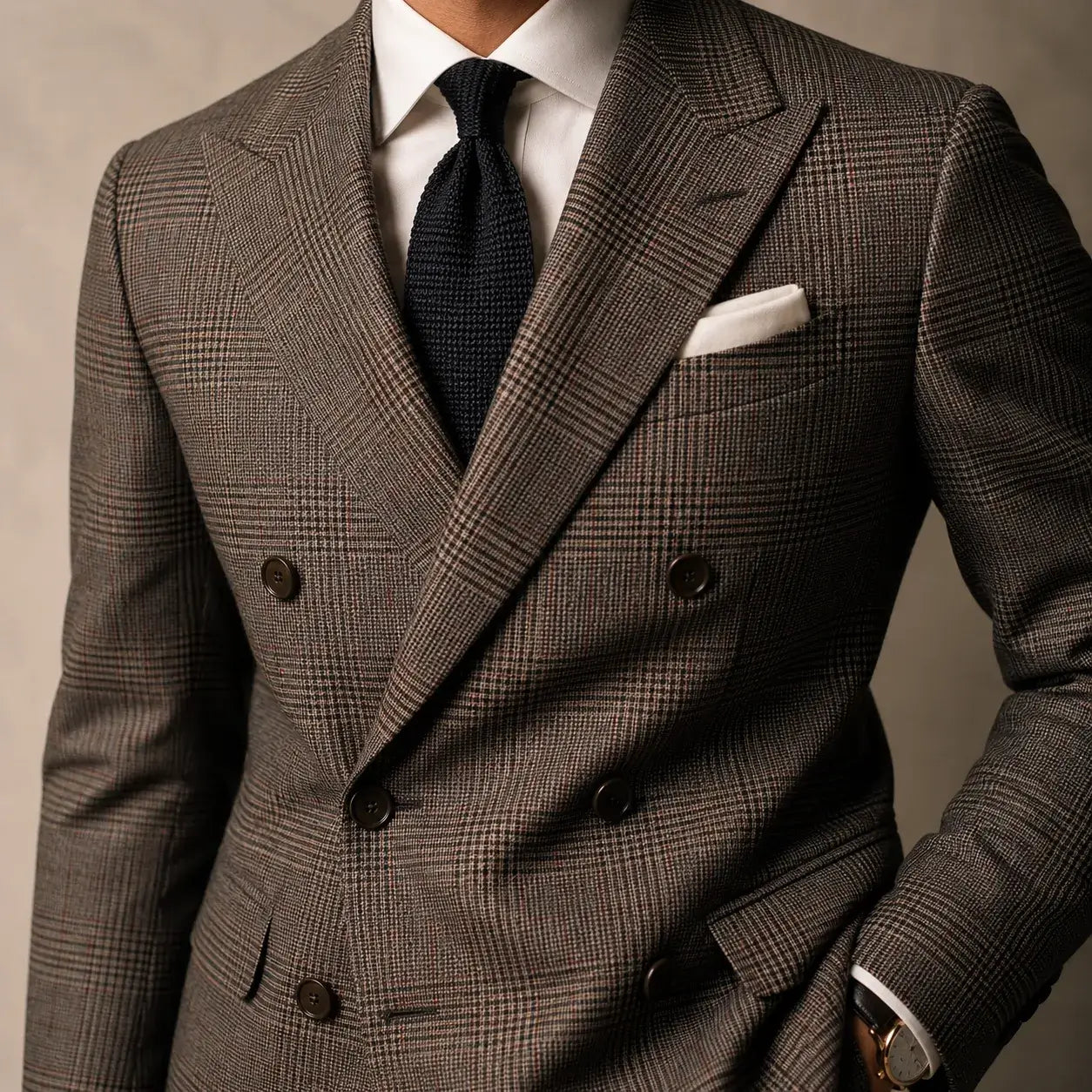 Close-up of a men's double breasted plaid suit showing structured tailoring and classic check pattern.