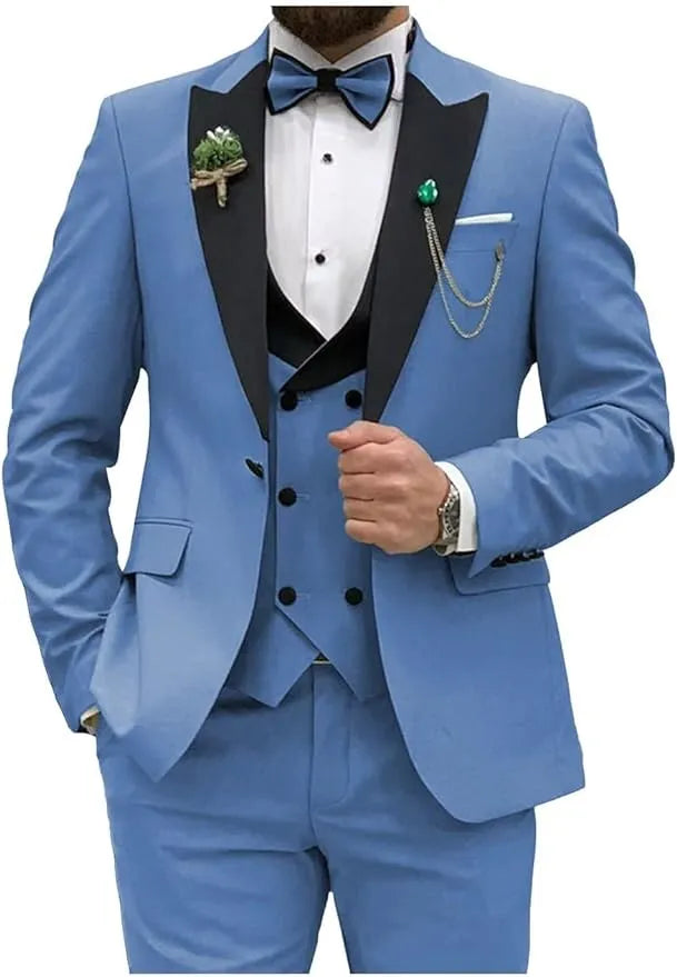 dusty blue double breasted 3 piece suit with black lapel – front view