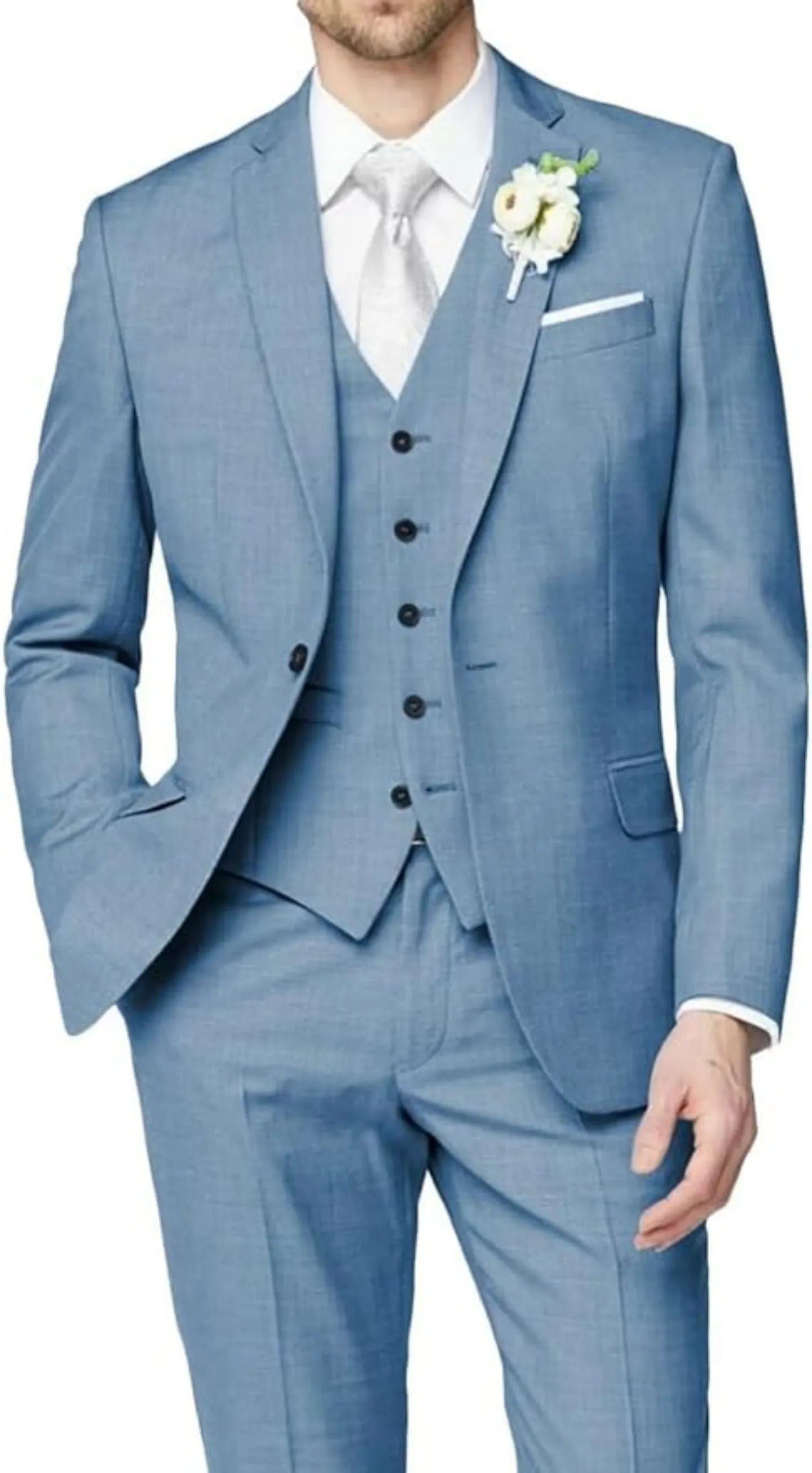 front view of dusty blue wedding groomsmen 3 piece men's suit with tailored blazer, vest, and slim trousers styled with white shirt and tie