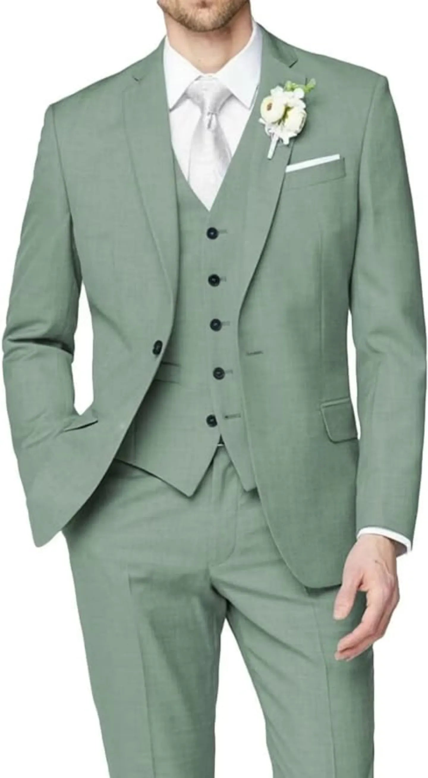 front view of dusty green wedding groomsmen 3 piece men's suit featuring tailored blazer, buttoned vest, and slim trousers with white shirt and tie