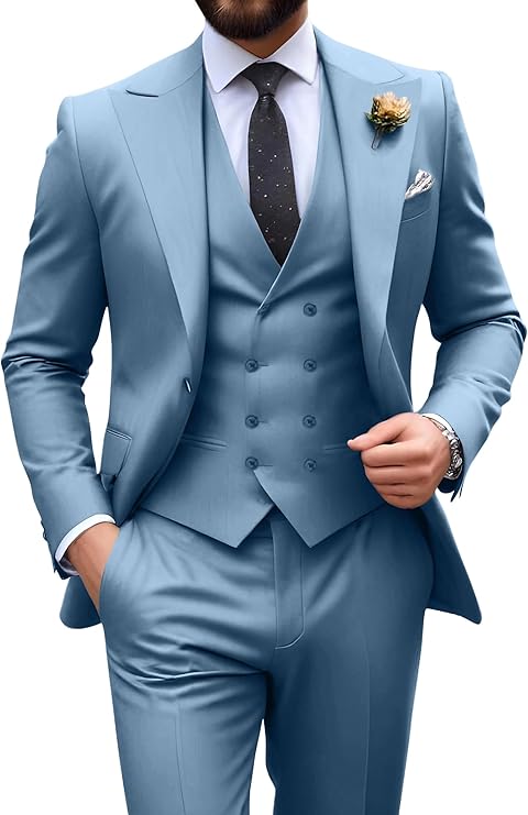 dusty Blue slim fit 3 piece groom suit with peak lapel blazer, double breasted vest and pants for modern wedding style