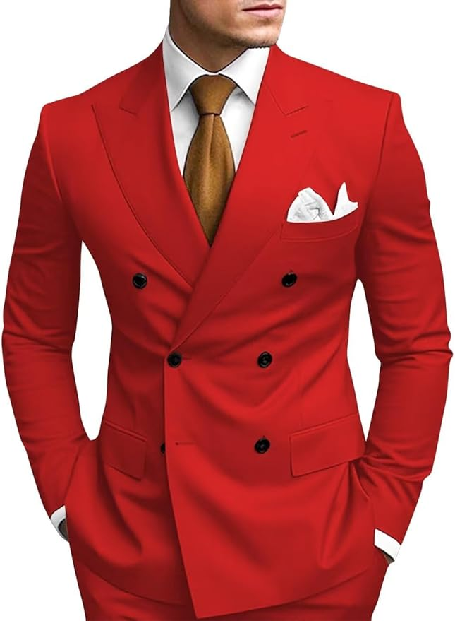 Red double breasted 2 piece slim fit men’s suit with peak lapel – wedding or business formalwear