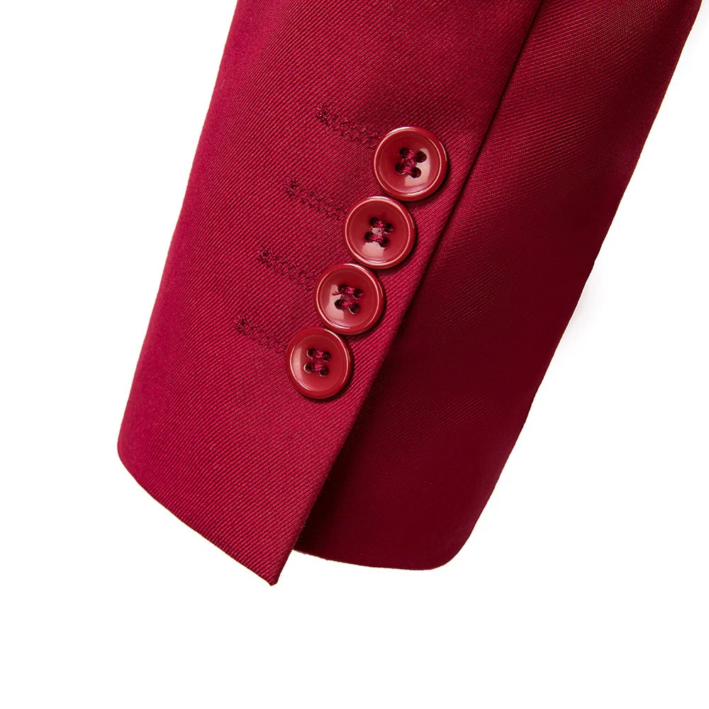 Men's burgundy two button blazer - cuff detail with four matching maroon buttons & textured fabric