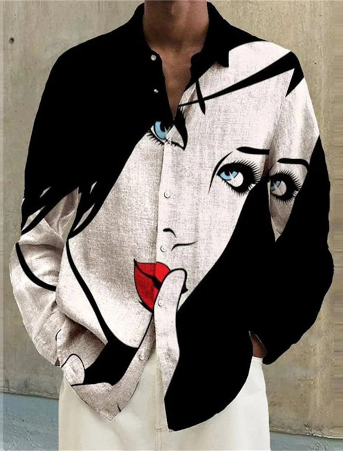 Long sleeve men’s shirt with bold face art print – abstract black and beige tones for street style