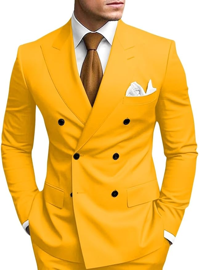 Gold double breasted 2 piece slim fit men’s suit with peak lapel – wedding or business formalwear
