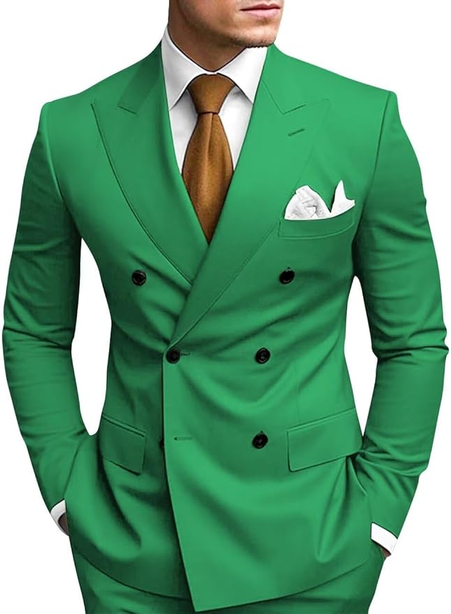 Green double breasted 2 piece slim fit men’s suit with peak lapel – wedding or business formalwear