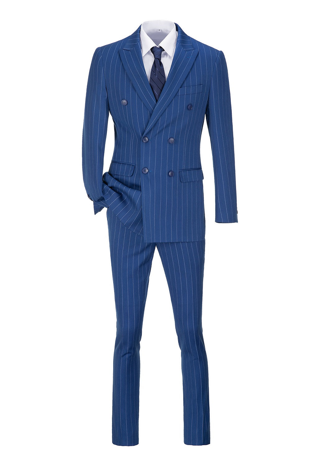 Royal blue pinstripe 3 piece suit with crisp shirt and tie on display