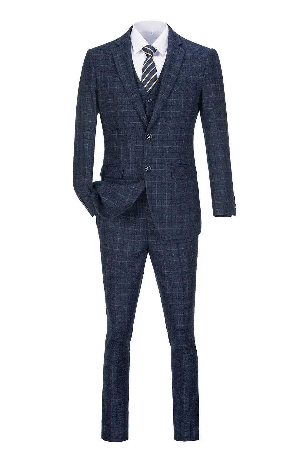 Full view of navy plaid men's 3 piece suit with blazer, vest, and pants