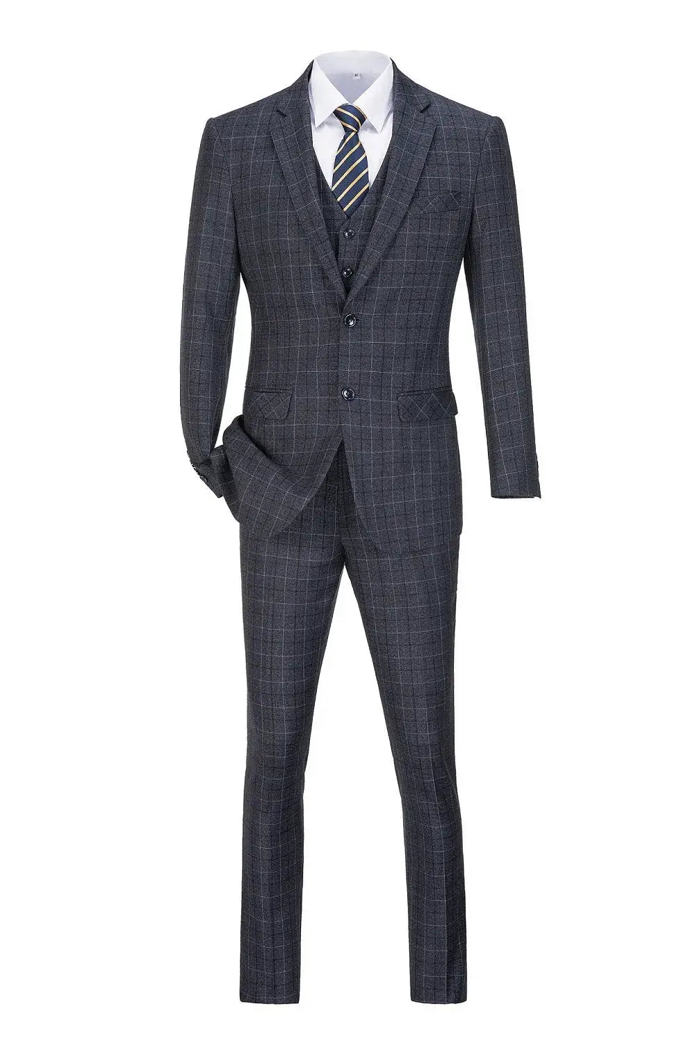 Back view of dark grey plaid suit pants with double buttoned pockets