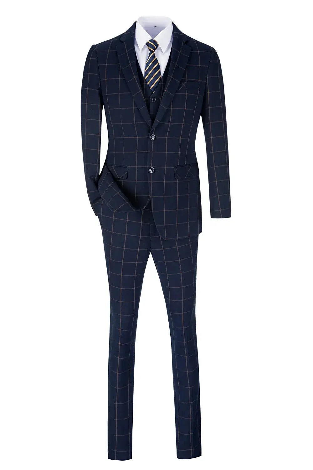 Front view of Blue Men's 3 Piece Suit with orange plaid pattern