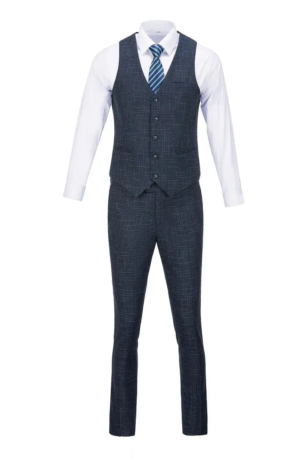 Front view of navy plaid suit vest and trousers with white shirt and striped tie