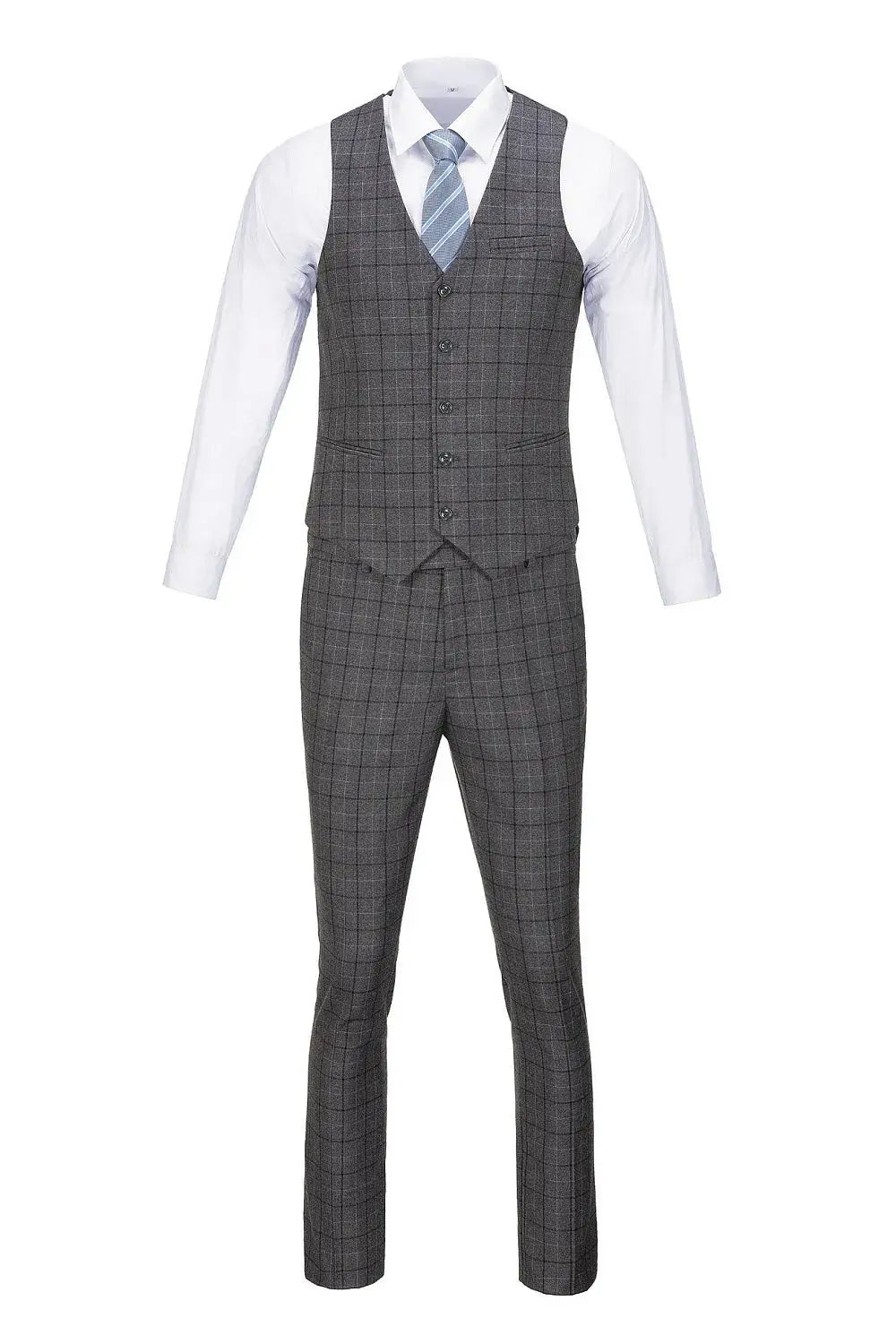 Slim fit grey plaid vest and pants combination for men.