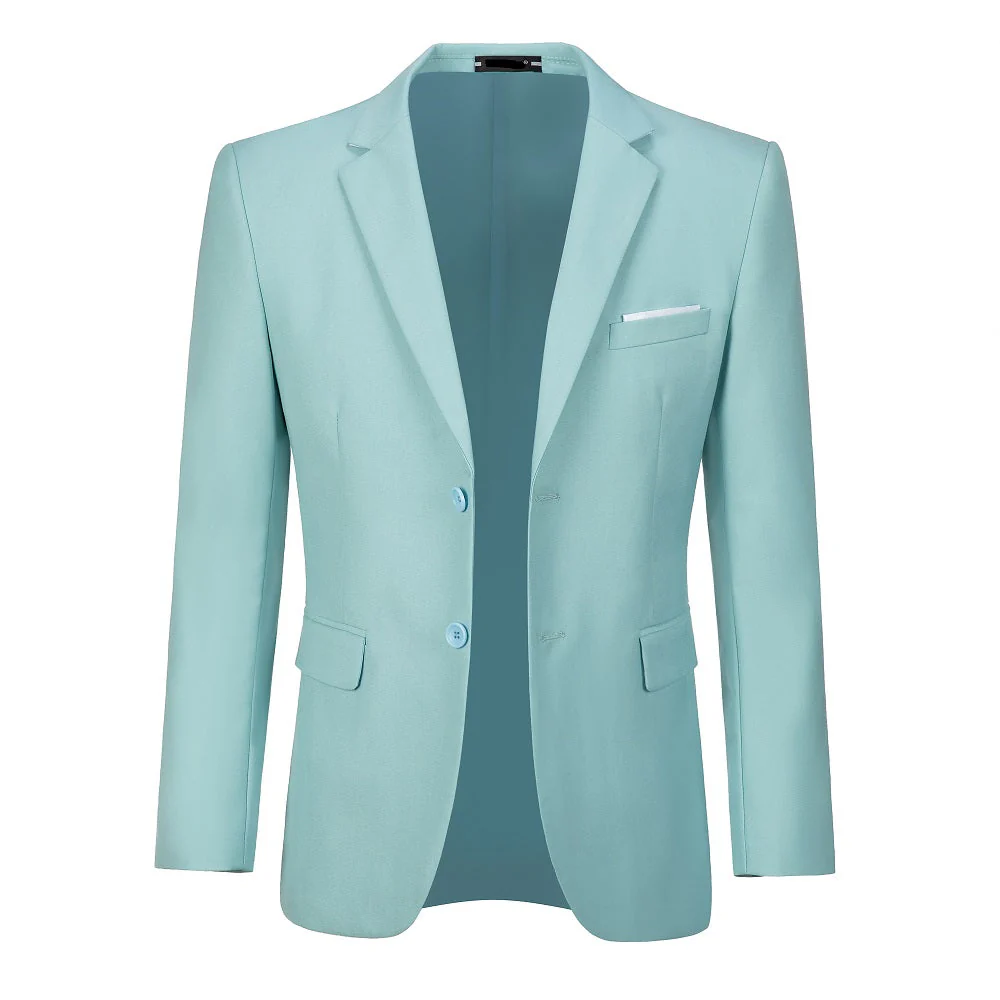 Men's mint green two button blazer - open front with chest pocket & white pocket square slim fit jacket