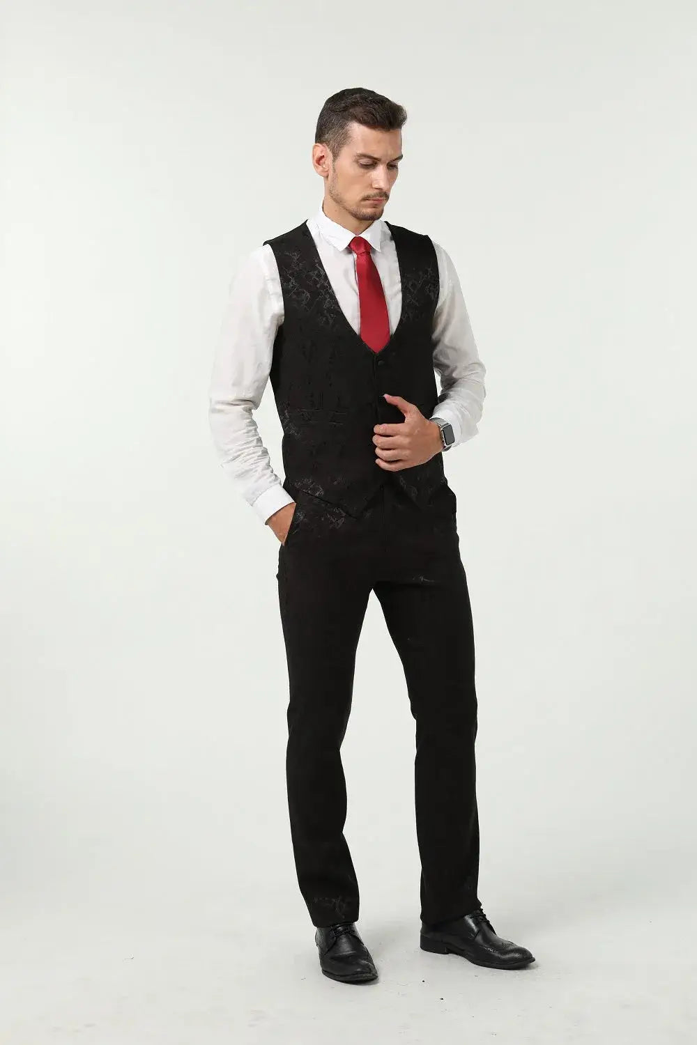 Full body front view of men’s black floral vest and trousers – formal prom look without blazer
